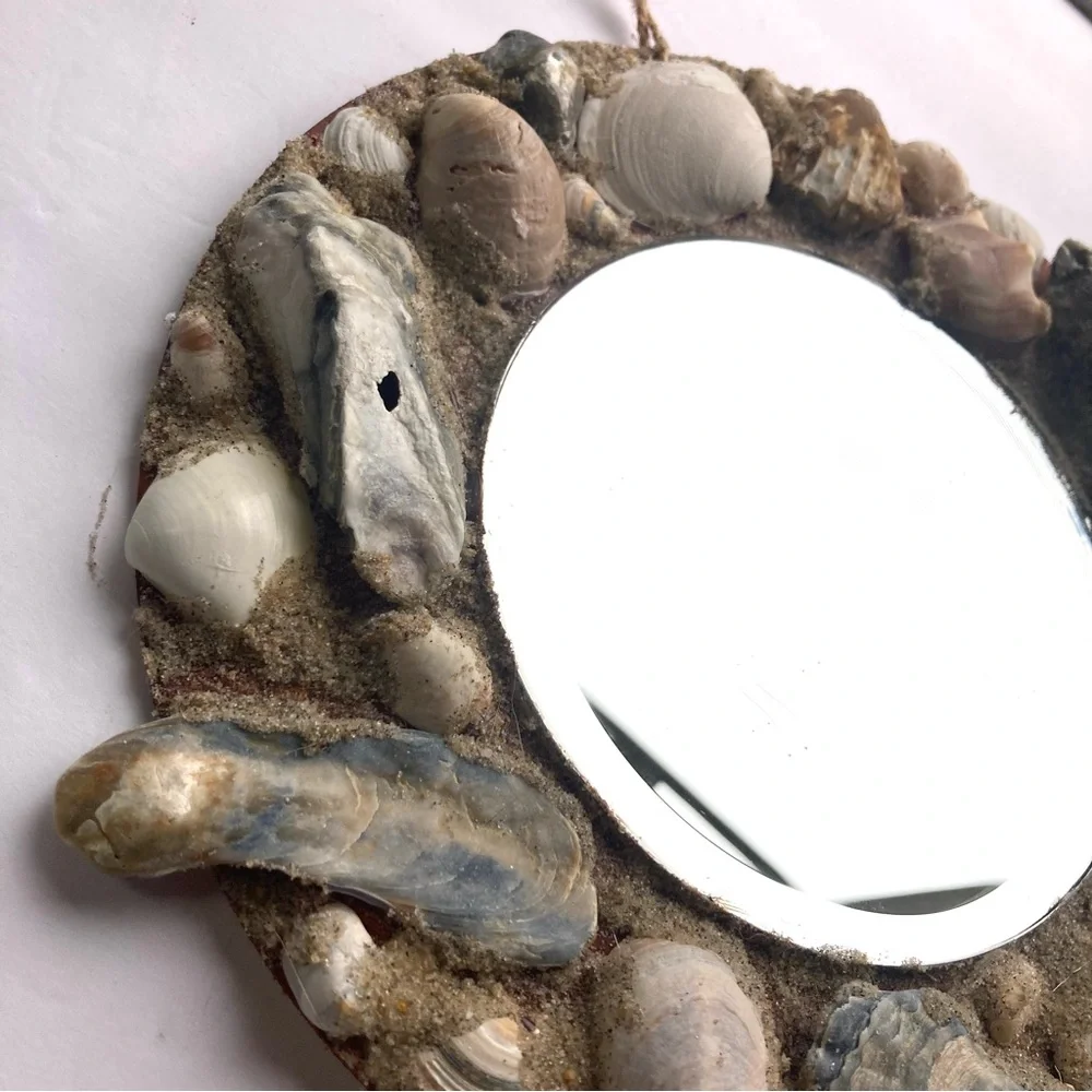 Seashell Mirror Wall Decor with REAL Seashells and Sand 9 in Diameter